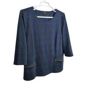 Talbots Sz 2X Top Tartan Jacquard Black Watch Plaid Metallic Zip Pockets Shaped